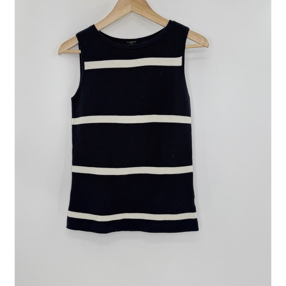 Talbots Navy Blue & White Striped Sleeveless‎ Sweater Sz P Nautical Preppy